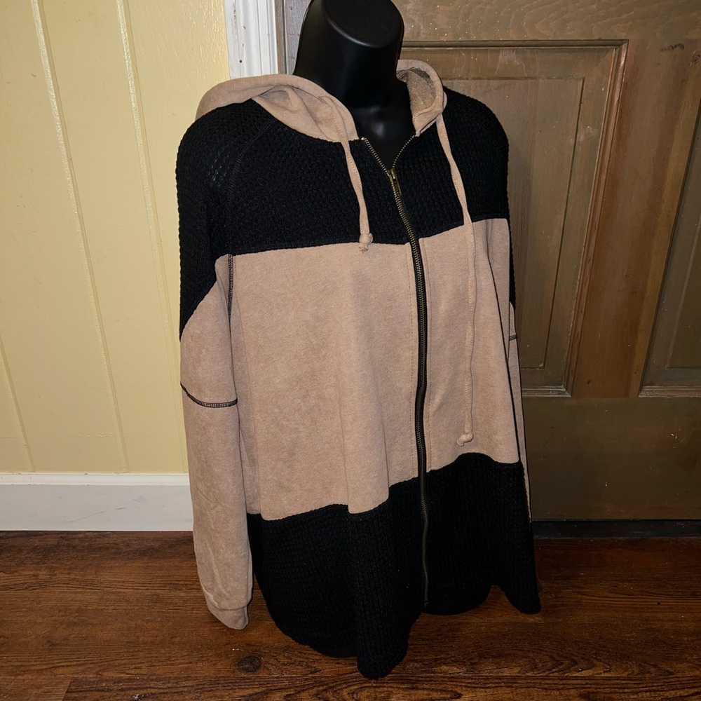 Tan & Black Boho Long Sleeve Full Zip Up Hooded Colorblock Jacket Size L - Picture 9 of 11